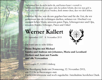 Traueranzeige von Werner Kallert von Ansbach