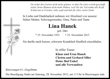 Traueranzeige von Lina Hanek von Rothenburg