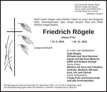 Traueranzeige von Friedrich Rögele von Dinkelsbühl/ Feuchtwangen