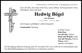 Traueranzeige von Hedwig Bögel von Neustadt/ Scheinfeld/ Uffenheim