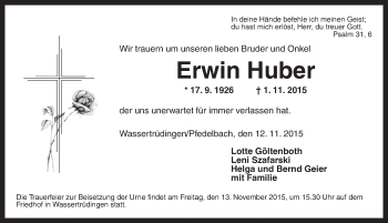 Traueranzeige von Erwin Huber von Dinkelsbühl/ Feuchtwangen