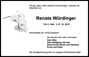 Traueranzeige von Renate Würdinger von Ansbach