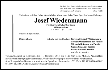 Traueranzeige von Josef Wiedenmann von Neustadt/ Scheinfeld/ Uffenheim