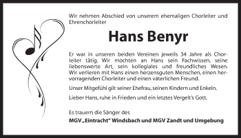 Traueranzeige von Hans Benyr von Ansbach