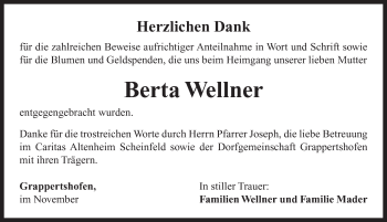 Traueranzeige von Berta Wellner von Neustadt/ Scheinfeld/ Uffenheim