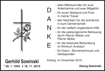 Traueranzeige von Gerhild Sowinski von Dinkelsbühl/ Feuchtwangen