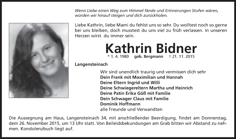  Traueranzeige für Kathrin Bidner vom 24.11.2015 aus Neustadt/ Scheinfeld/ Uffenheim