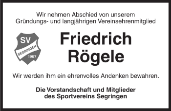 Traueranzeige von Friedrich Rögele von Dinkelsbühl/ Feuchtwangen