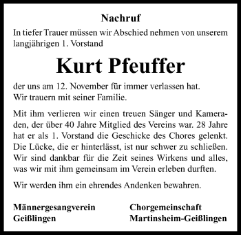 Traueranzeige von Kurt Pfeuffer von Neustadt/ Scheinfeld/ Uffenheim