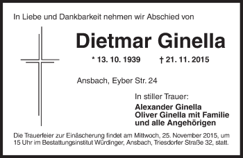 Traueranzeige von Dietmar Ginella von Ansbach