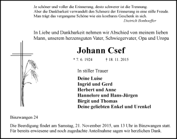 Traueranzeige von Johann Csef von Ansbach