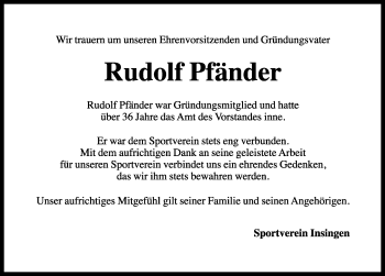 Traueranzeige von Rudolf Pfänder von Rothenburg