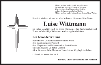 Traueranzeige von Luise Wittmann von Dinkelsbühl/ Feuchtwangen