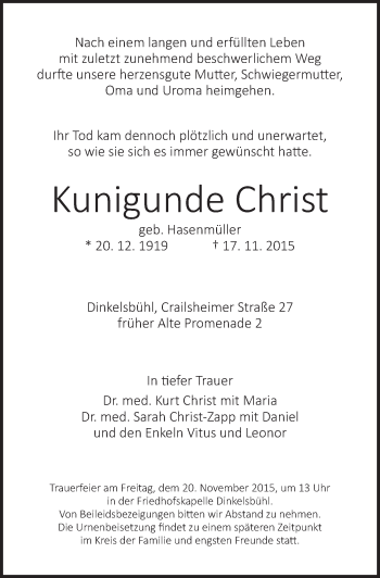 Traueranzeige von Kunigunde Christ von Dinkelsbühl/ Feuchtwangen