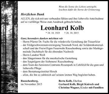 Traueranzeige von Leonhard Kolb von Neustadt/ Scheinfeld/ Uffenheim