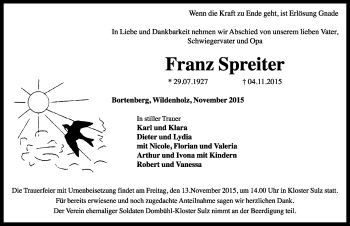 Traueranzeige von Franz Spreiter von Dinkelsbühl/ Feuchtwangen