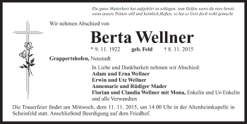 Traueranzeige von Berta Wellner von Neustadt/ Scheinfeld/ Uffenheim