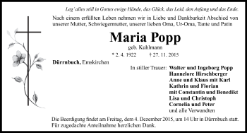 Traueranzeige von Maria Popp von Neustadt/ Scheinfeld/ Uffenheim