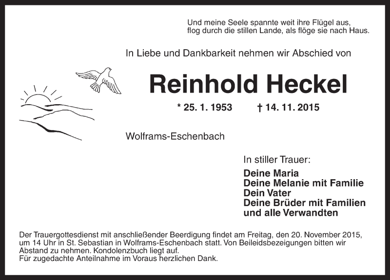  Traueranzeige für Reinhold Heckel vom 18.11.2015 aus Ansbach