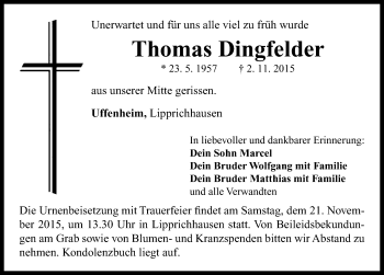 Traueranzeige von Thomas Dingfelder von Neustadt/ Scheinfeld/ Uffenheim