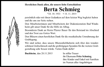 Traueranzeige von Berta Schmieg von Neustadt/ Scheinfeld/ Uffenheim