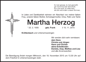 Traueranzeige von Martha Herzog von Dinkelsbühl/ Feuchtwangen