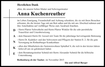 Traueranzeige von Anna Kuchenreuther von Rothenburg