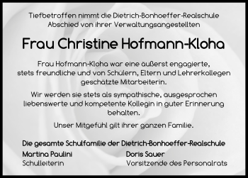 Traueranzeige von Christine Hofmann-Kloha von Neustadt/ Scheinfeld/ Uffenheim