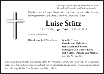 Traueranzeige von Luise Stütz von Neustadt/ Scheinfeld/ Uffenheim