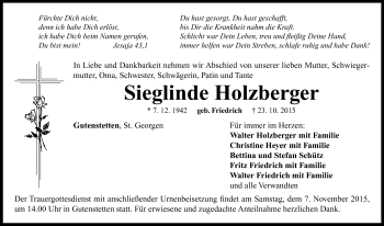 Traueranzeige von Sieglinde Holzberger von Neustadt/ Scheinfeld/ Uffenheim
