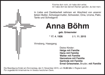 Traueranzeige von Anna Böhm von Ansbach