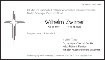 Traueranzeige von Wilhelm Zwirner von Dinkelsbühl/ Feuchtwangen