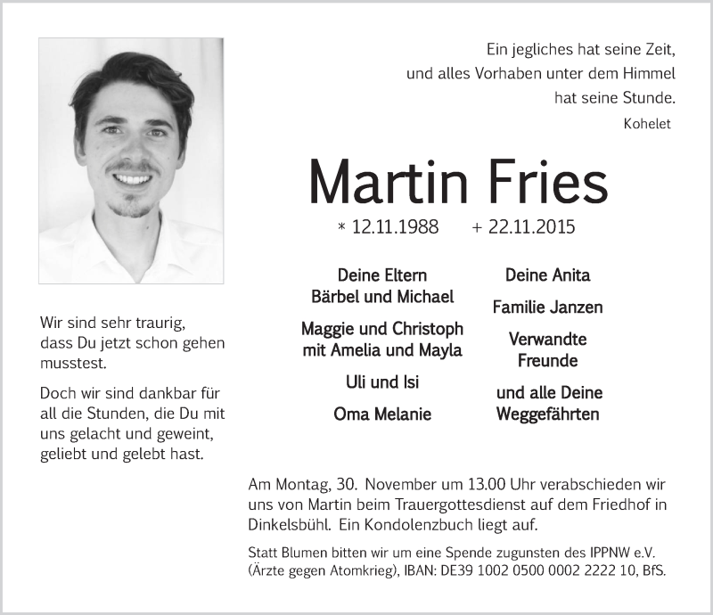  Traueranzeige für Martin Fries vom 27.11.2015 aus Dinkelsbühl/ Feuchtwangen