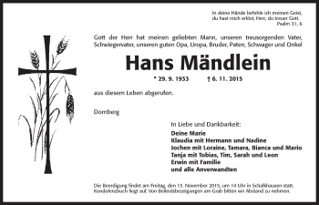 Traueranzeige von Hans Mändlein von Ansbach