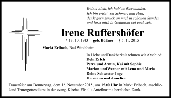 Traueranzeige von Irene Ruffershöfer von Neustadt/ Scheinfeld/ Uffenheim