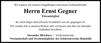 Traueranzeige von Ernst Gegner von Neustadt/ Scheinfeld/ Uffenheim