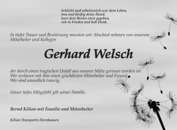 Traueranzeige von Gerhard Welsch von Ansbach