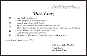 Traueranzeige von Max Lenz von Dinkelsbühl/ Feuchtwangen