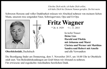 Traueranzeige von Fritz Wagner von Neustadt/ Scheinfeld/ Uffenheim