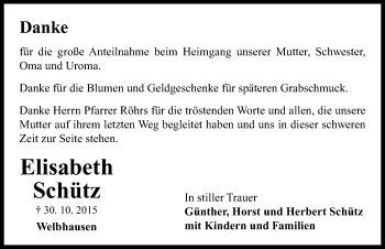 Traueranzeige von Elisabeth Schütz von Neustadt/ Scheinfeld/ Uffenheim