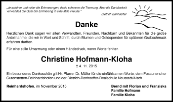 Traueranzeige von Christine Hofmann-Kloha von Neustadt/ Scheinfeld/ Uffenheim