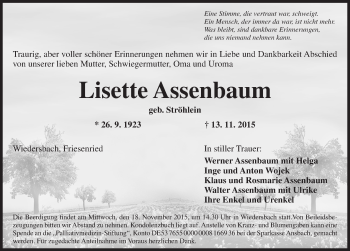 Traueranzeige von Lisette Assenbaum von Ansbach