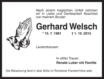 Traueranzeige von Gerhard Welsch von Ansbach