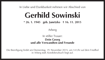 Traueranzeige von Gerhild Sowinski von Dinkelsbühl/ Feuchtwangen