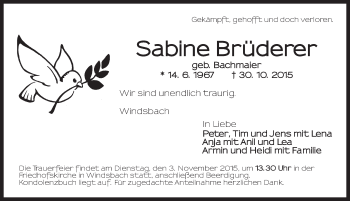 Traueranzeige von Sabine Brüderer von Ansbach