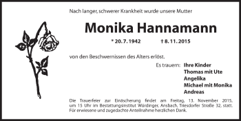 Traueranzeige von Monika Hannamann von Ansbach