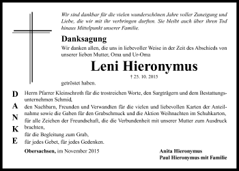 Traueranzeige von Leni Hieronymus von Neustadt/ Scheinfeld/ Uffenheim