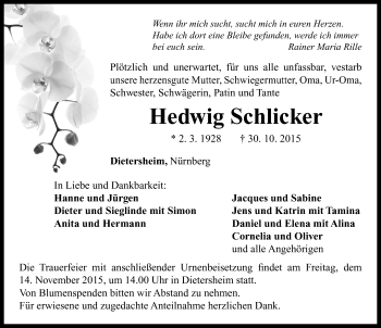 Traueranzeige von Hedwig Schlicker von Neustadt/ Scheinfeld/ Uffenheim