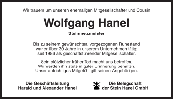 Traueranzeige von Wolfgang Hanel von Ansbach