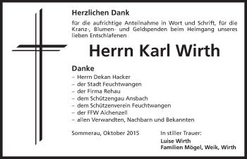 Traueranzeige von Karl Wirth von Dinkelsbühl/ Feuchtwangen